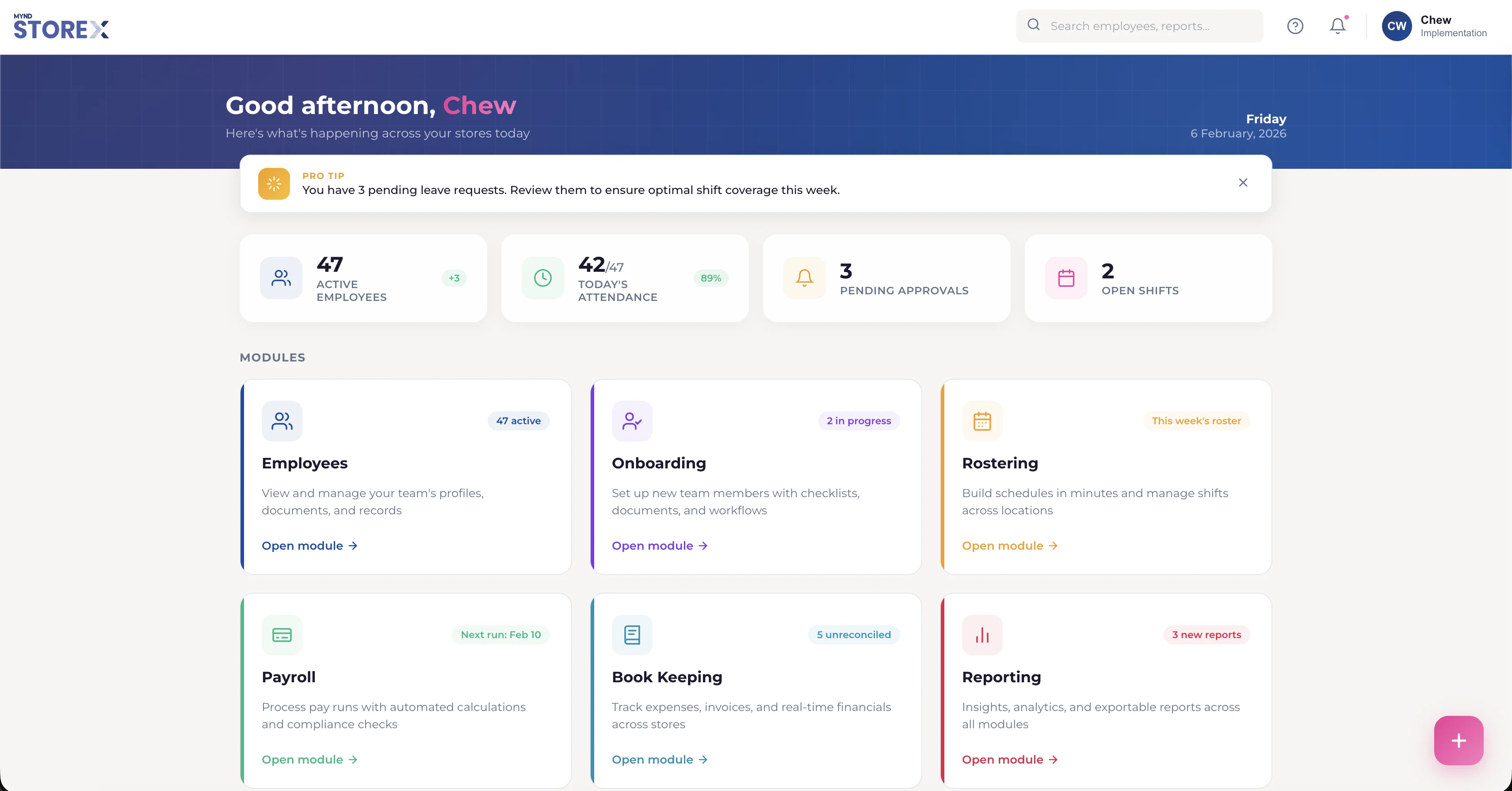 StoreX Dashboard Interface - Manage employees, payroll, scheduling and bookkeeping